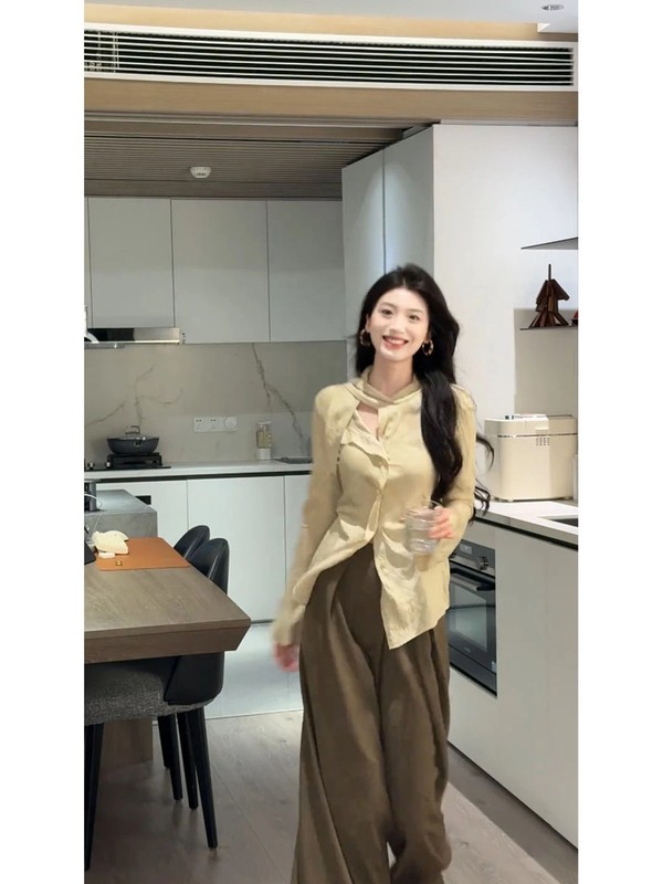 韩系高级感休闲套装女2025秋季新款飘带长袖衬衫阔腿裤两件套女装|undefined
