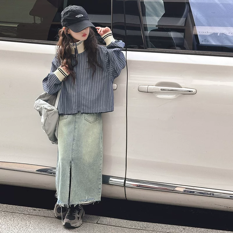 Осенний комплект для отдыха, детская рубашка, джинсовая юбка, корейский стиль, западный стиль