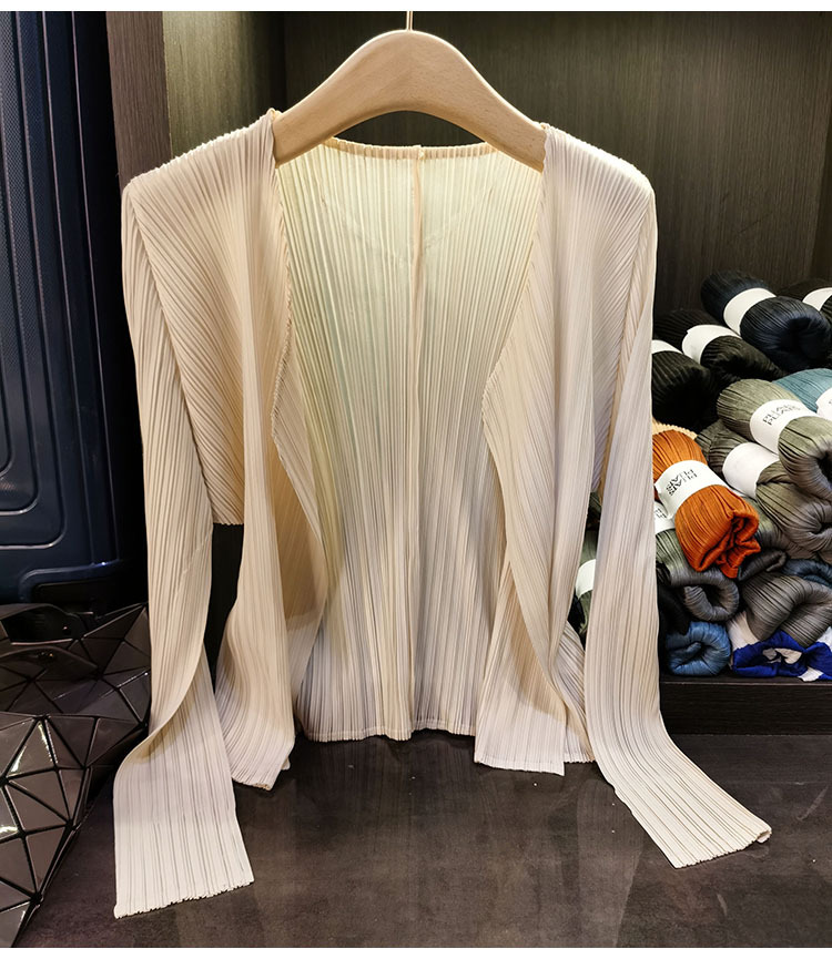 Áo cardigan nữ tay dài xếp ly không cài khuy, phong cách đơn giản cao cấp mùa xuân hè — Màu xanh lam nhạt, Màu đen, Xanh Lông Công, Màu hồng chi tiết 9