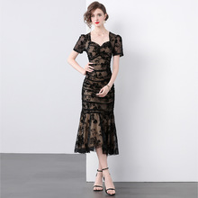 高级感御姐穿搭性感透视网纱复古印花修身开叉鱼尾裙连衣裙女夏季