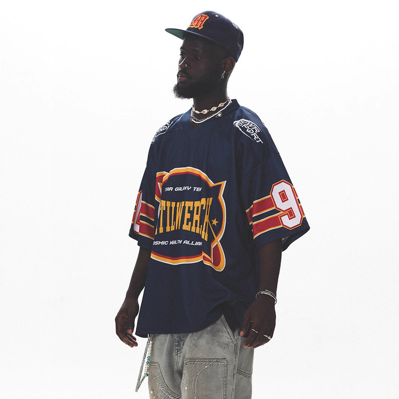 American Retro Trendy Baseball Print Short-Sleeve T-Shirt Summer Loose Couple Jersey Unisex Sports Hip-Hop Patchwork