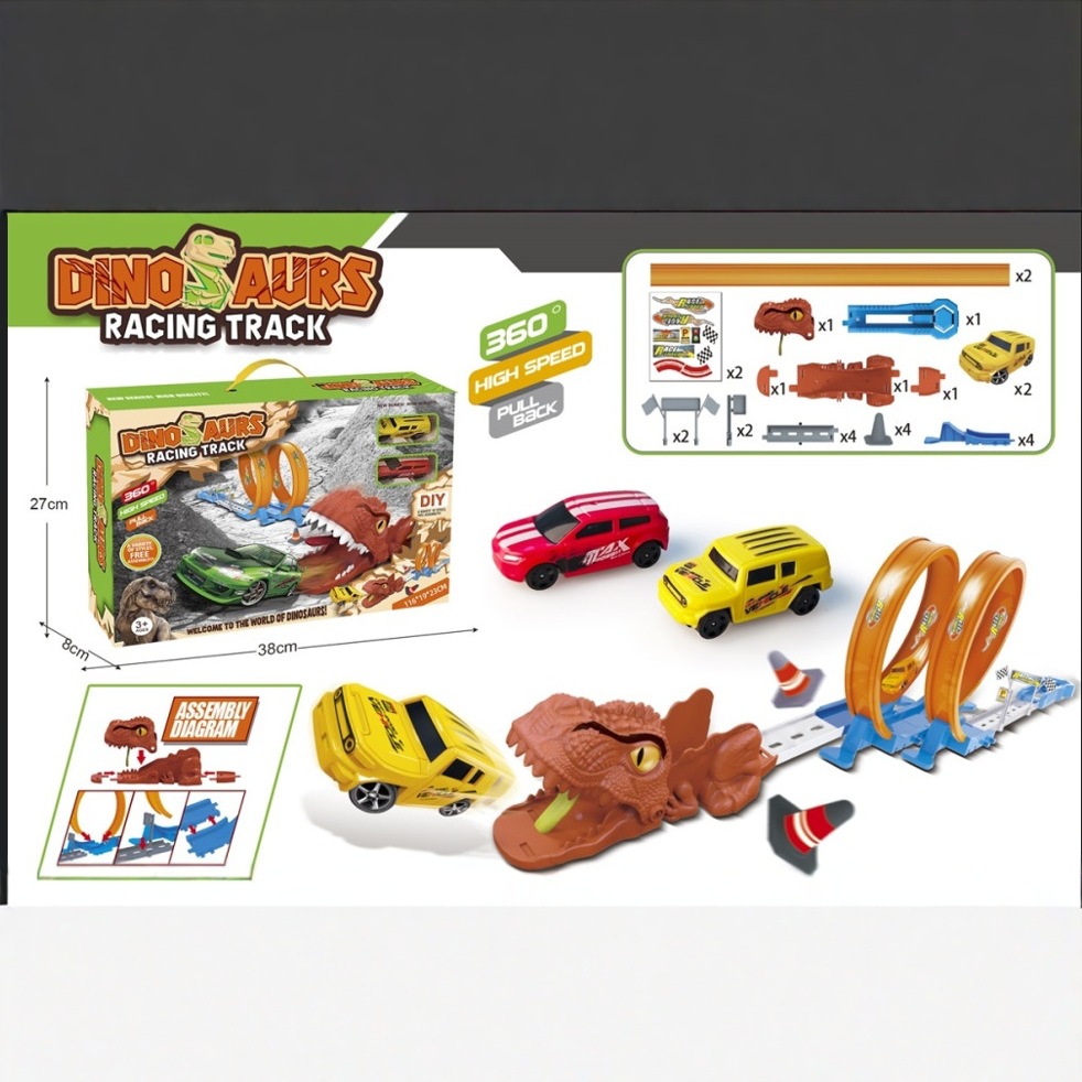 Coches de aleación transfronterizos dinosaurios empalmados coche de carreras Temu volcado montaña rusa coche de catapulta coche juguete coche elástico