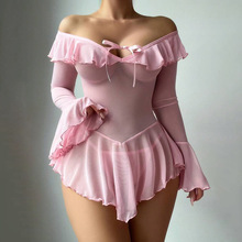 欧美跨境外贸性感情趣内衣套装纯色长袖一字肩绑绳荷叶边连衣裙女