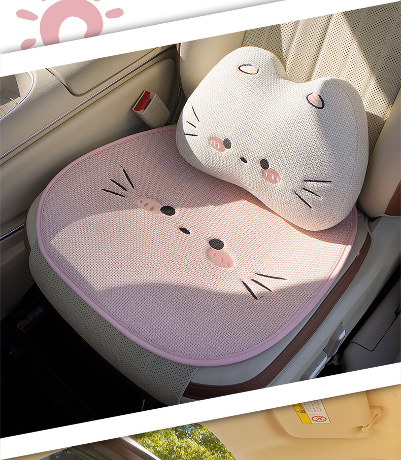 Four Seasons Linen Car Seat Cushion Cute Cat Skin-Friendly Breathable Seat Cushion Rear Single Piece Four Seasons Universal Seat Cushion Cover