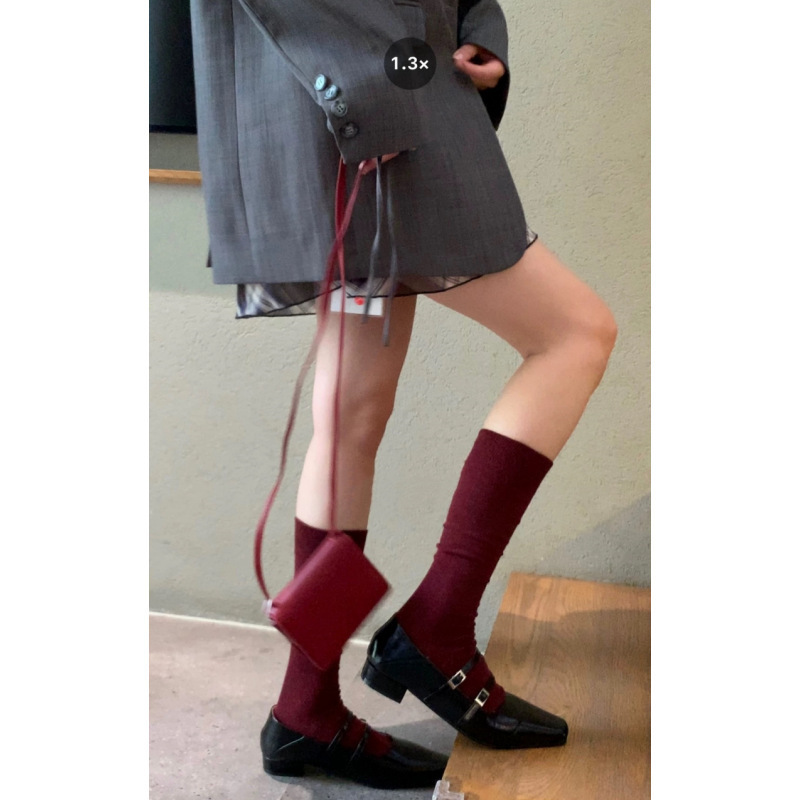 Ankora Red Socks, Burgundy Mid-Length Socks for Women, Korean Style, College Style, Solid Color Slouch Socks, Calf Socks, Pure Cotton