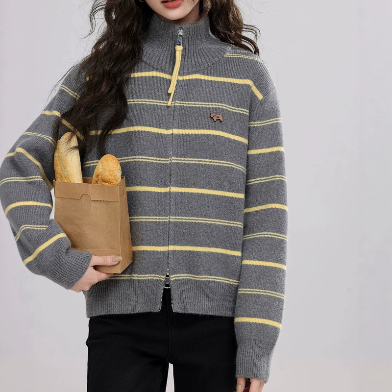 Cross-Border Color-Block Striped Knit Cardigan, New Autumn and Winter Style, High-End Fashion Top, Double Zipper High-Neck Women's Sweater Cross-Border Color-Block Striped Knit Cardigan, New Autumn and Winter Style, High-End Fashion Top, Double Zipper High-Neck Women's Sweater