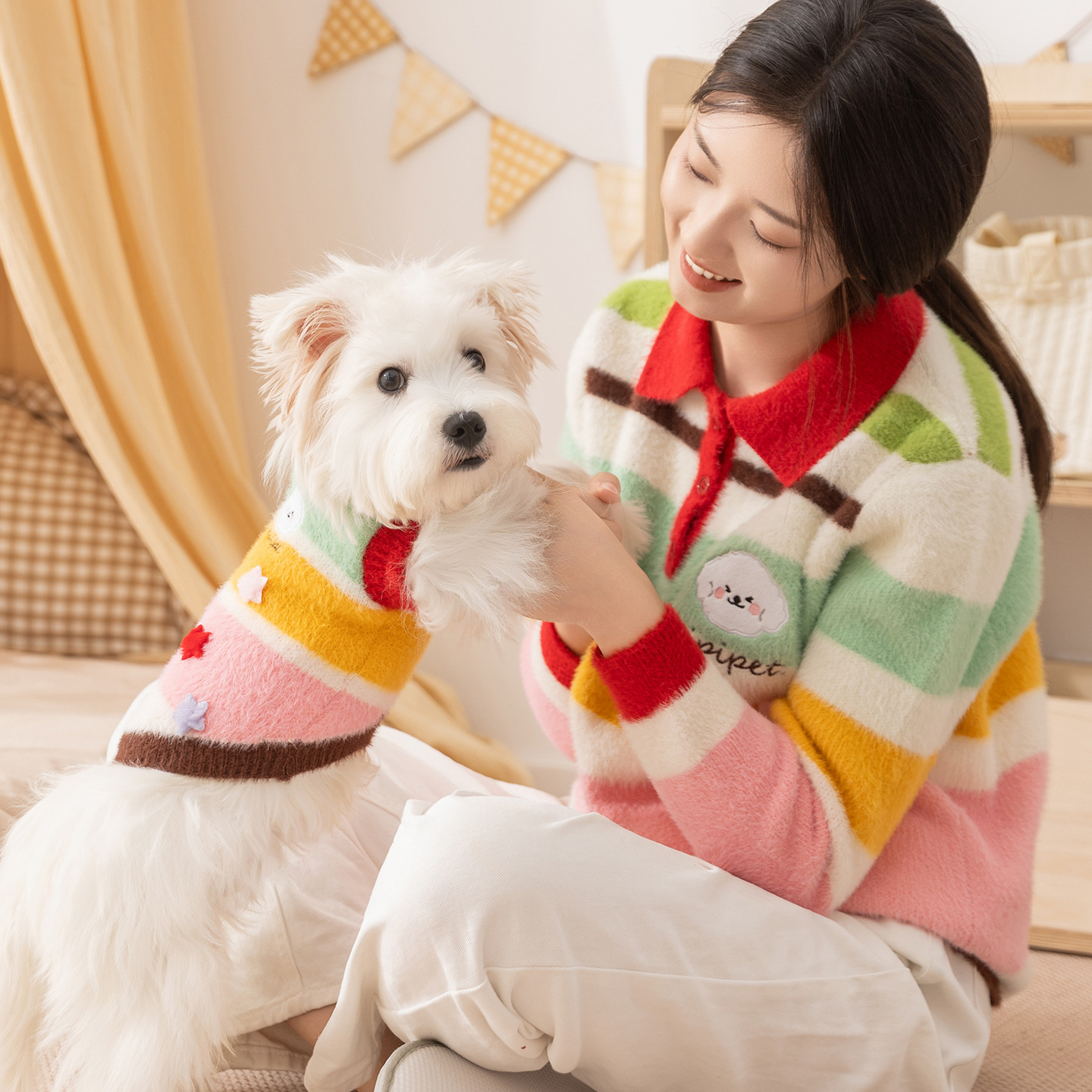 Pet Family Suit Dog Clothes Cartoon Star Stripesd Family Suit Teddy Bichon Autumn and Winter Two-Legged Pet Clothes