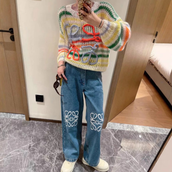 Trendy Brand LOWE Classic Embroidered Jeans Women's High Waist Straight Wide Leg Pants Casual Fashion Slimming Star Pants