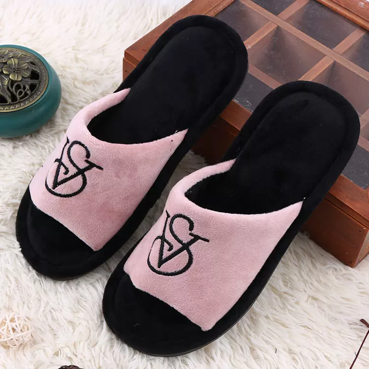 跨境专供居家绣花棉拖鞋家用撞色拼接厚底室内保暖毛绒地板拖鞋