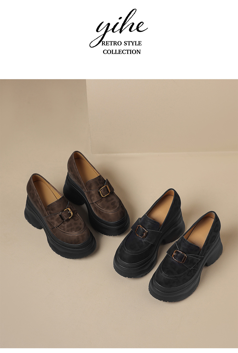 Giày loafer nữ đế xuồng họa tiết báo khóa kim loại tăng chiều cao — đen, nâu đen chi tiết 14