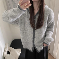 韩系撞色拉链毛衣针织开衫女2025秋冬设计感百搭宽松连帽毛衣外套