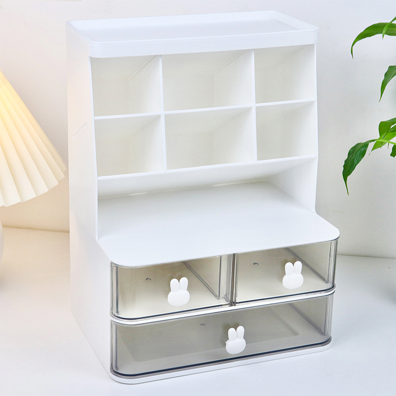 Conejo de escritorio de doble capa estante de almacenamiento transparente tipo cajón apertura esencial dormitorio de estudiantes almacenamiento cosmético
