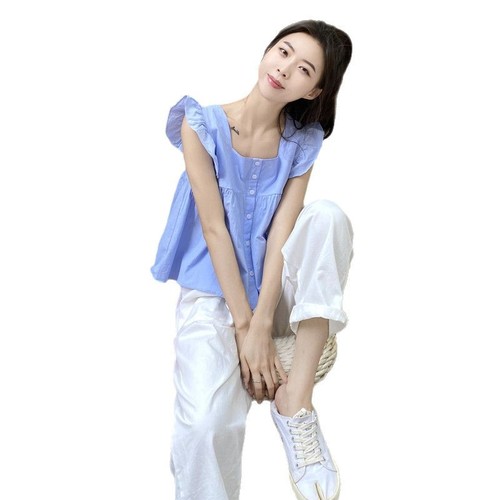 2025 French ruffled flutter sleeves shirt women's summer design sense niche square neck vest small size top summer 