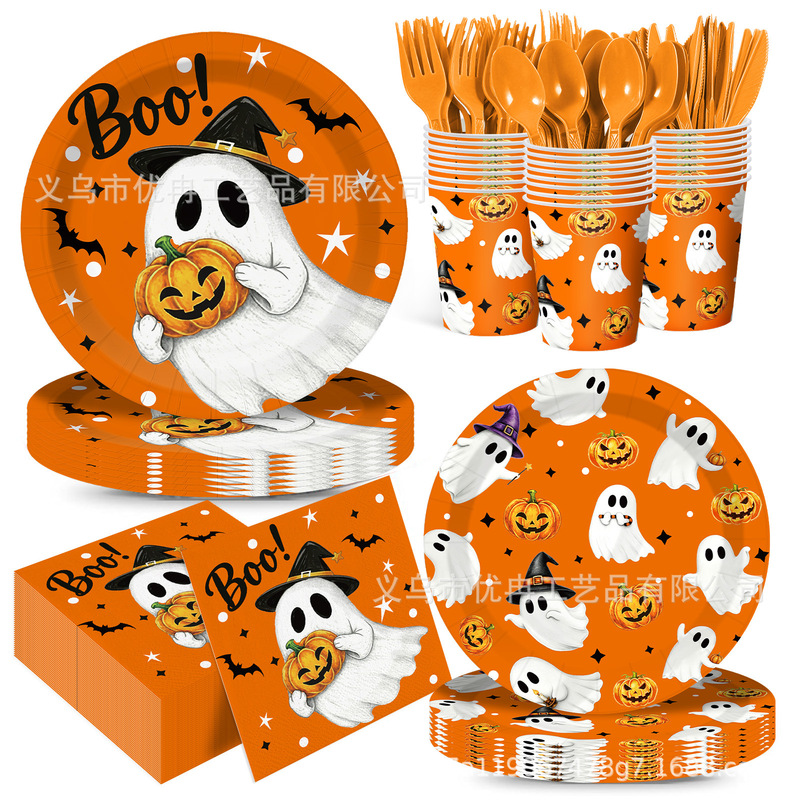 New Halloween Ghost-Themed Disposable Paper Plates, Tablecloths, and Napkins Party Set for Decoration New Halloween Ghost-Themed Disposable Paper Plates, Tablecloths, and Napkins Party Set for Decoration