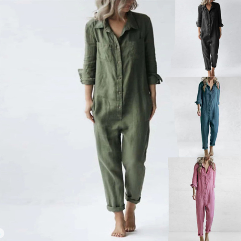 2024 cross-border foreign trade hot casual lapel pocket long sleeve solid color cotton jumpsuit green