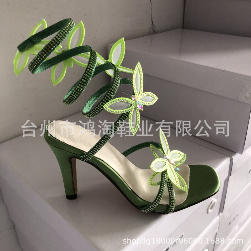 European and American Snake-Shaped Winding Open-Toe Rhinestone Glitter Bow Stiletto High Heels Sexy Sandals Women's Shoes Sandals