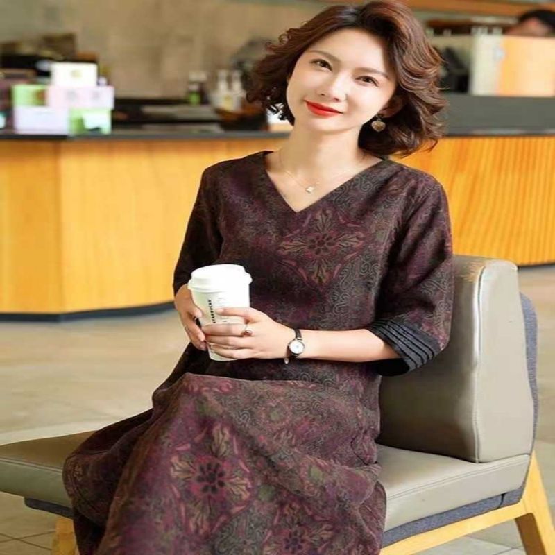 2025夏季新款新中式国风印花V领连衣裙女时尚宽松休闲妈妈装裙子|undefined