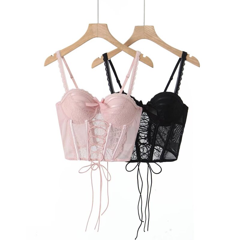 Pure hot girl sexy lace strap chest wrap vest female 2024 Summer outer wear inner short Fishbone corset