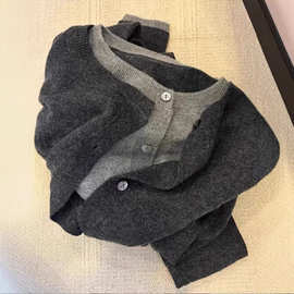 格雷系假两件针织毛衣外套女2024秋冬新款深灰色高级感羊毛上衣潮