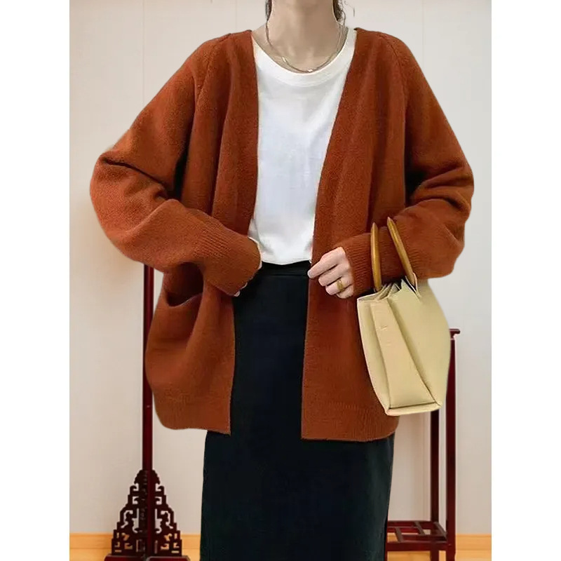 2025秋冬款日系复古毛衣外套长袖女士宽松慵懒风纯色针织开衫v领|undefined