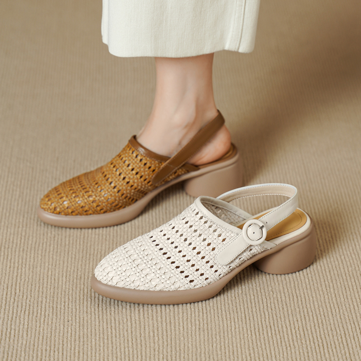 Sandal cao gót nữ mũi nhọn quai chữ T đan dây, gót thô 5 cm — Màu vàng đất