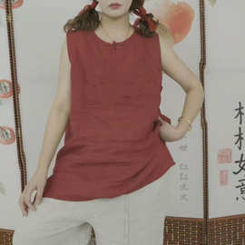 2026夏季文艺简约背心女宽松休闲百搭圆领T恤无袖打底亚麻上衣