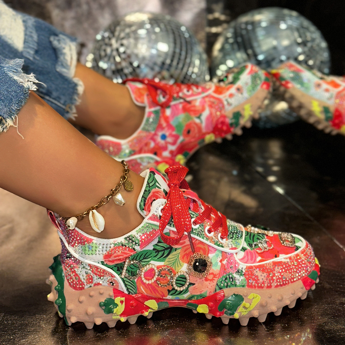 Durian Bottom Cross-Border Spring and Autumn New Shoes Rhinestone Mesh Breathable Casual Sports Shoes Foreign Trade Hot-Selling Women's Shoes