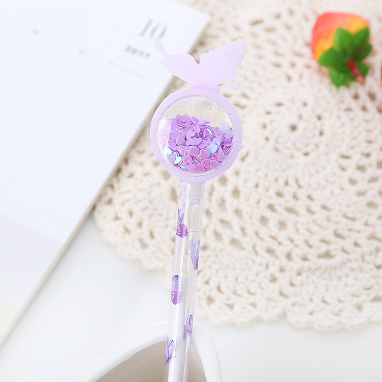 Linda niña corazón mariposa lentejuelas pluma de góner estudiante linda pluma de agua negra papelería de oficina pluma de firma personalizada