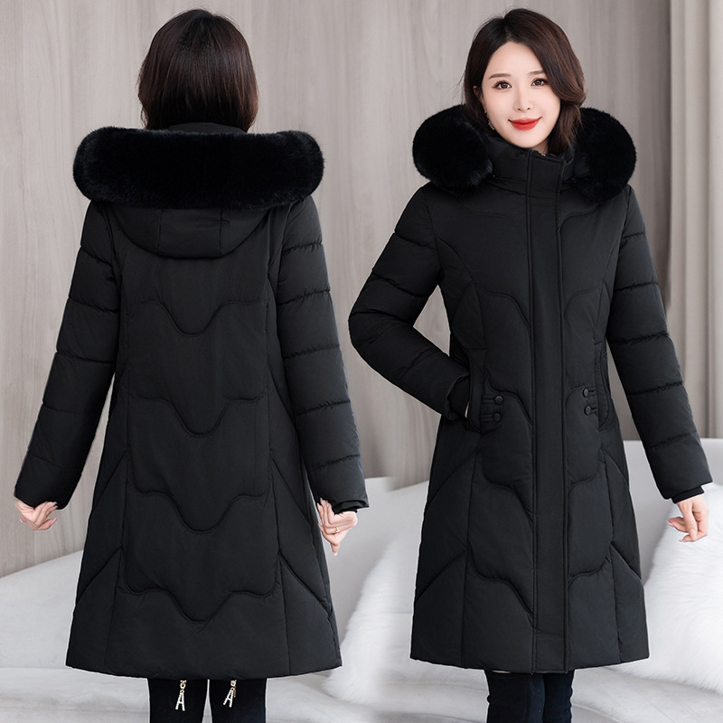 Gran tamaño de invierno nuevo algodón de cuello de cabello grande sombrero de ropa de algodón de mediana edad delgada gruesa chaqueta de algodón