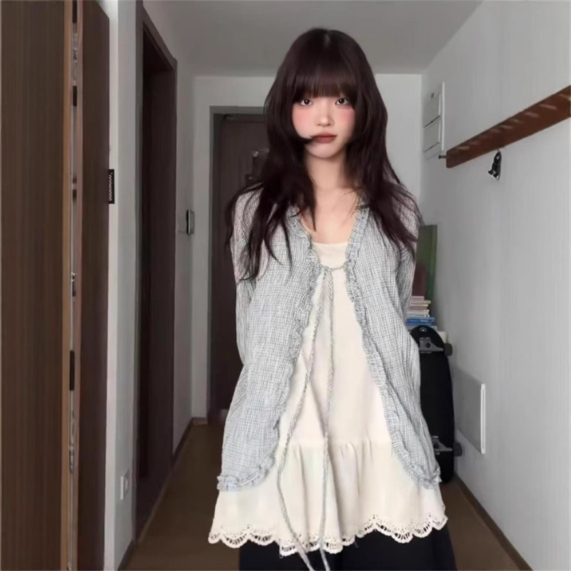 2025 新しい夏の韓国スタイルの女性のスーツレトロチェック柄レースアップブラウスサスペンダーカジュアルパンツ 3 点セットトレンディな|undefined