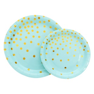 Yaosheng Paper Tableware Blue Bottom Bronzing Polka Dot Set Series party Disposable Plate Paper Cup Paper Towel Knife, Fork and Spoon