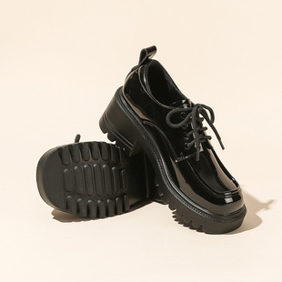 Soft Leather Thick-Soled Loafers for Women Autumn and Winter 2024 New Thick-Heeled Black Small Leather Shoes British Style Lace-Up Flats for Women