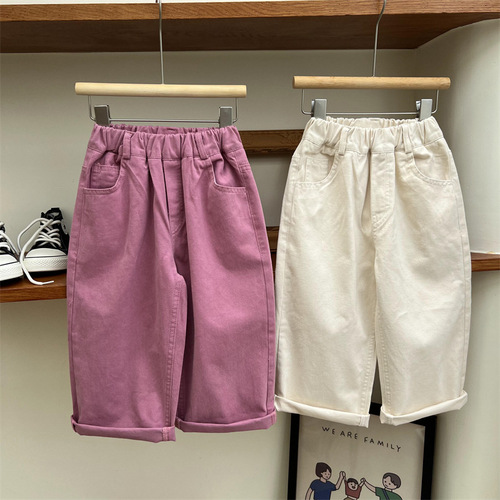 秋季儿童纯色直筒长裤欧美范男童女童棉布水洗长裤