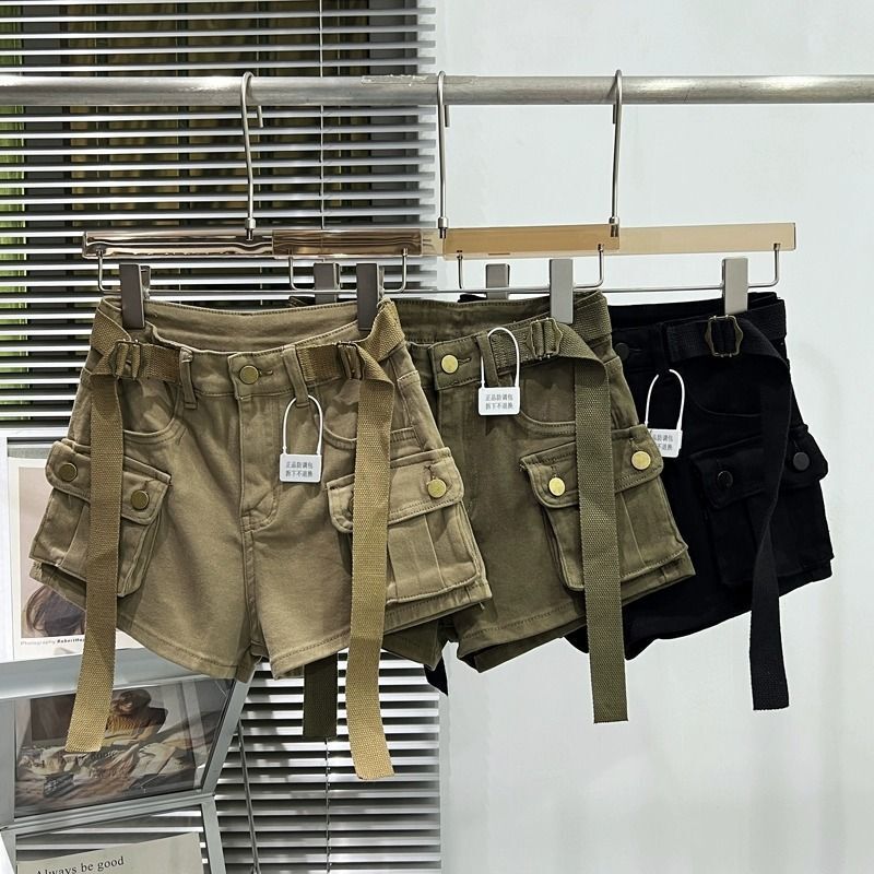 Khaki Large Pocket Workwear Denim Shorts for Women, Elastic Slim Fit, 2022 New Summer High-Waisted Butt-Lifting Style