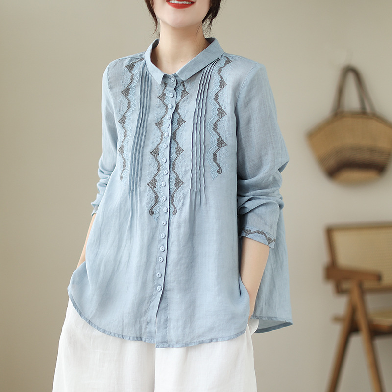 Real Shot Heavy Industry Embroidered Shirt Women's Artistic Retro Cotton and Linen Top Loose Casual Shirt 2023 Spring and Summer New
