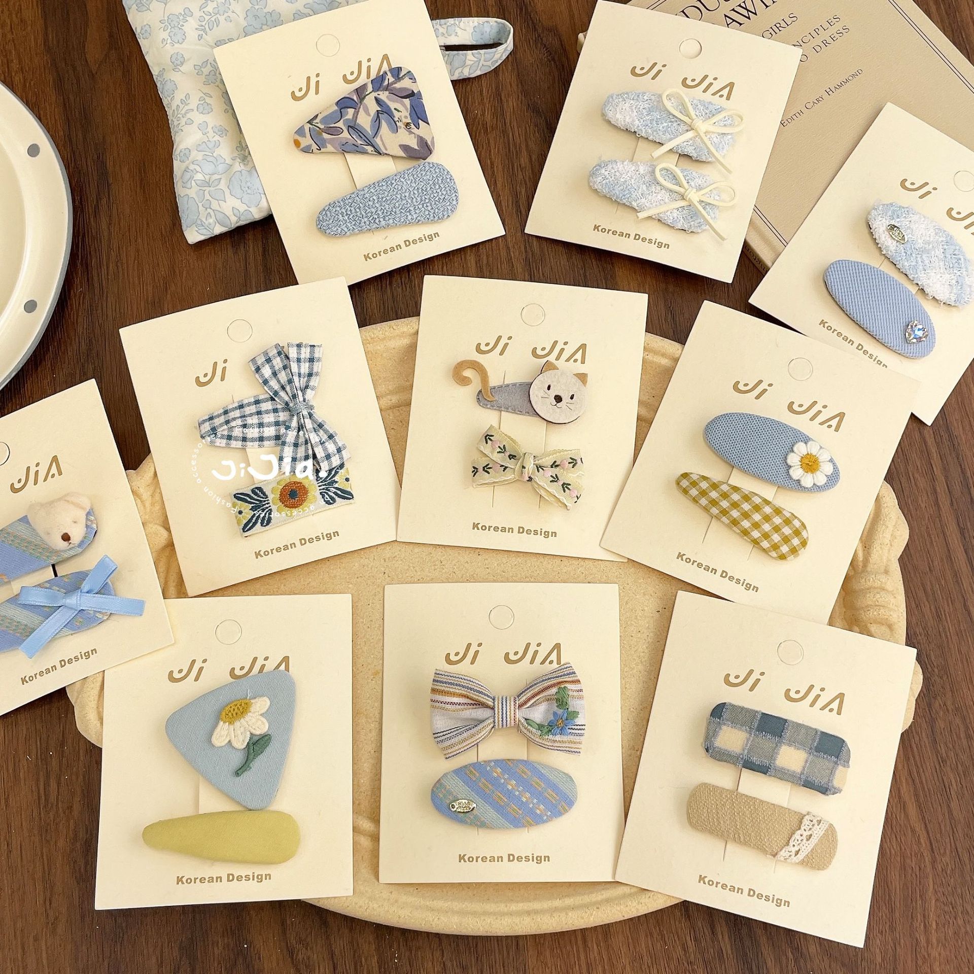 korean floral blue and white plaid & floral print barrettes cute sweet children‘s cloth hairpin embroidery floral side clip