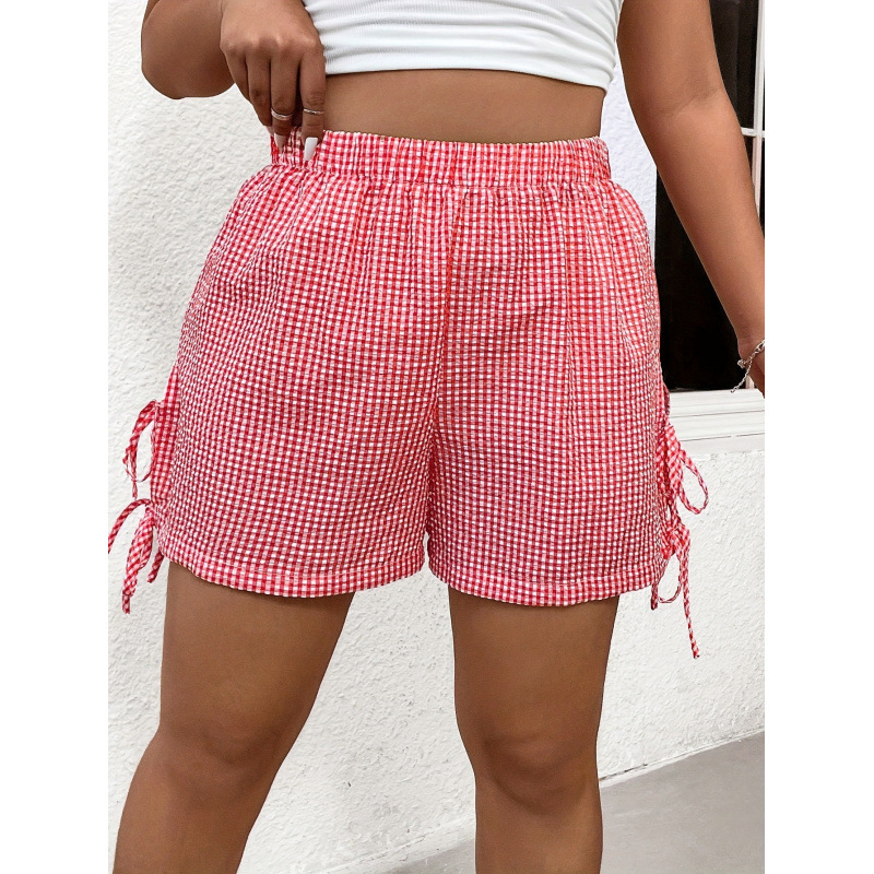 2026跨境新款欧美女式高腰格子系腰短裤（夏季休闲款