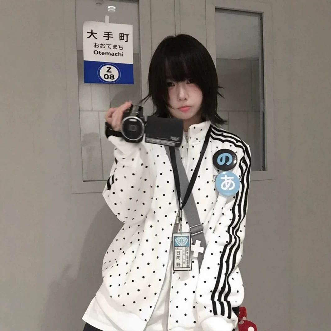 [Chinese Cotton Blend Milk Silk] Japanese-style sporty polka dot stand-up collar jacket, women's autumn/winter zip-up cardigan sweatshirt