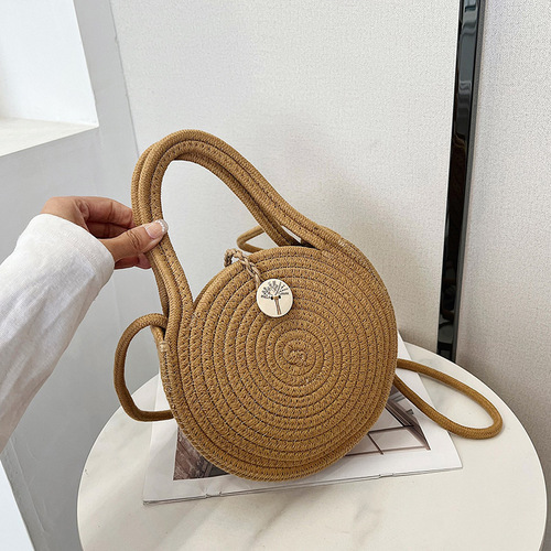 Little Round Bag Lady 2024 Single Shoulder Cotton Rope Bag Top Handle Bag Hand-held Bag Lady Cross-Body Woven Bag