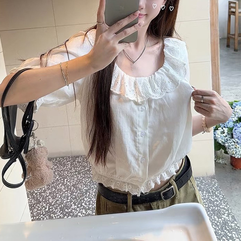 In-Stock Asphalt Moon White Tencel Jacquard Blouse for Women, Summer French Style, Slim Fit, Lace Trim, Linen Shirt