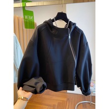 2024重工设计感小众宽松休闲斜拉链连帽卫衣女别致时尚上衣秋季