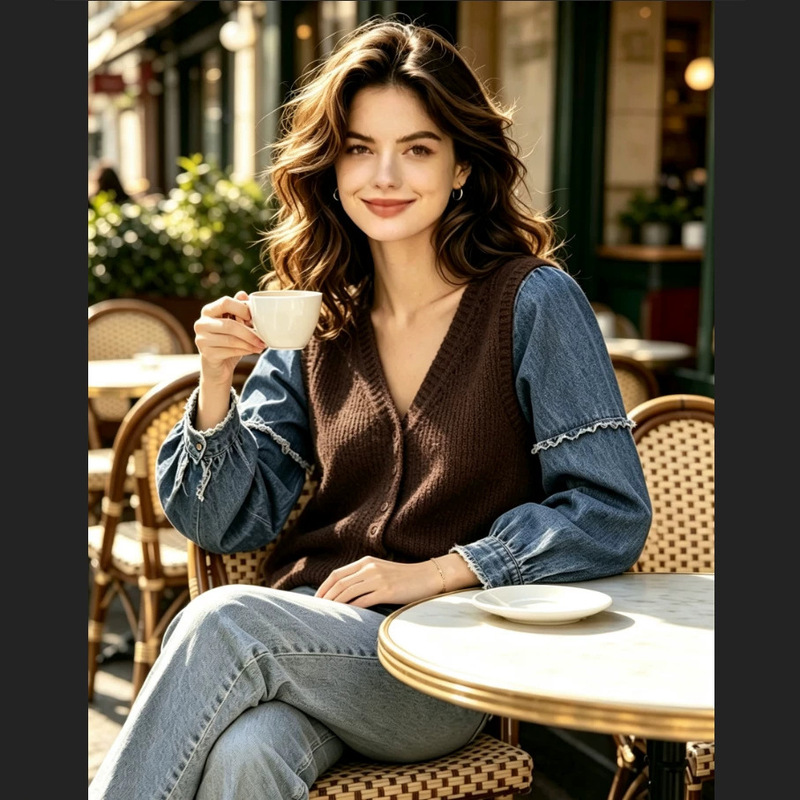 YS Japanese-style denim sleeve patchwork cardigan jacket women's sweater 2026 autumn and winter long-sleeve knitwear V-neck top