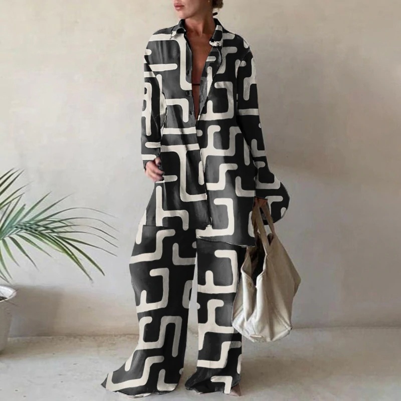 V Neck, Turndown Neckline Holiday Street Women's Streetwear Geometric Spandex Polyester Printing Pant Co-ord Set Pants Sets