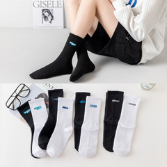 襪子女中筒襪ins潮新款字母刺繡女襪秋季經典黑白系情侶長襪批發
