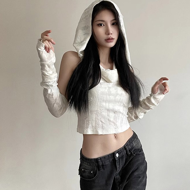 Official figure real price waste soil wind sweet hot girl short sleeve top women's spring and summer hole vest hooded base shirt T-shirt