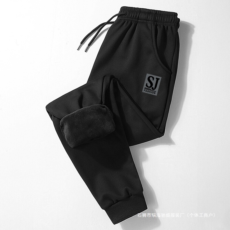 Cross-Border Foreign Trade Black Velvet Men's Sports Pants Men's Velvet Thickeneded Cotton Pants 2025 Winter Pants Warm Sweatpants with Cuffs