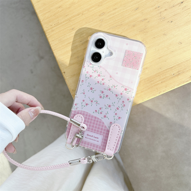 Pins wind girl rosado costura a cuadros para iPhone16 pequeño cordón floral de manzana 15ProMax 14/13