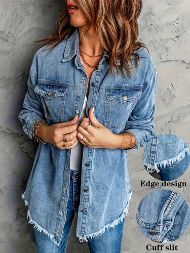 Women's Vintage Washed Denim Jacket with Frayed Edges Casual