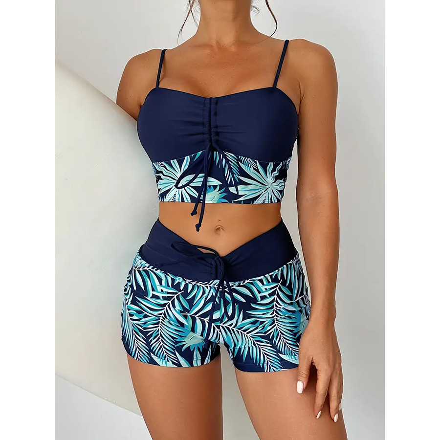 High Waist Lace up Print Swimsuit for Women Split Boxer Style Solid Color Splicing Design European American Foreign Trade 2024 Large Size_ecoleips.com