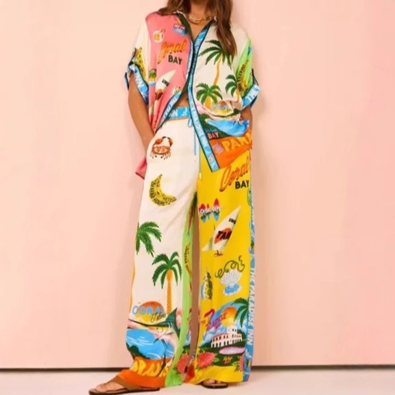 2025 European and American Amazon Graffiti Casual Personalized Lapel Long Sleeve Fashion Shirt Two-Piece Printed Suit Women's Clothing 2025 European and American Amazon Graffiti Casual Personalized Lapel Long Sleeve Fashion Shirt Two-Piece Printed Suit Women's Clothing